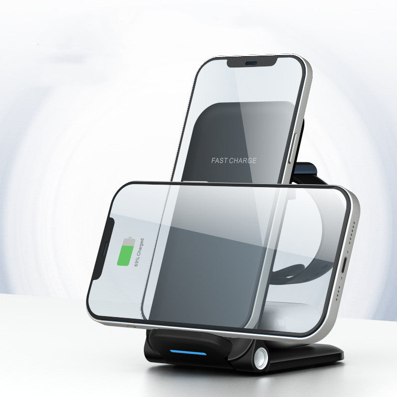 folding wireless phone charger stand displaying dual phones charging simultaneously with fast charge indicator.