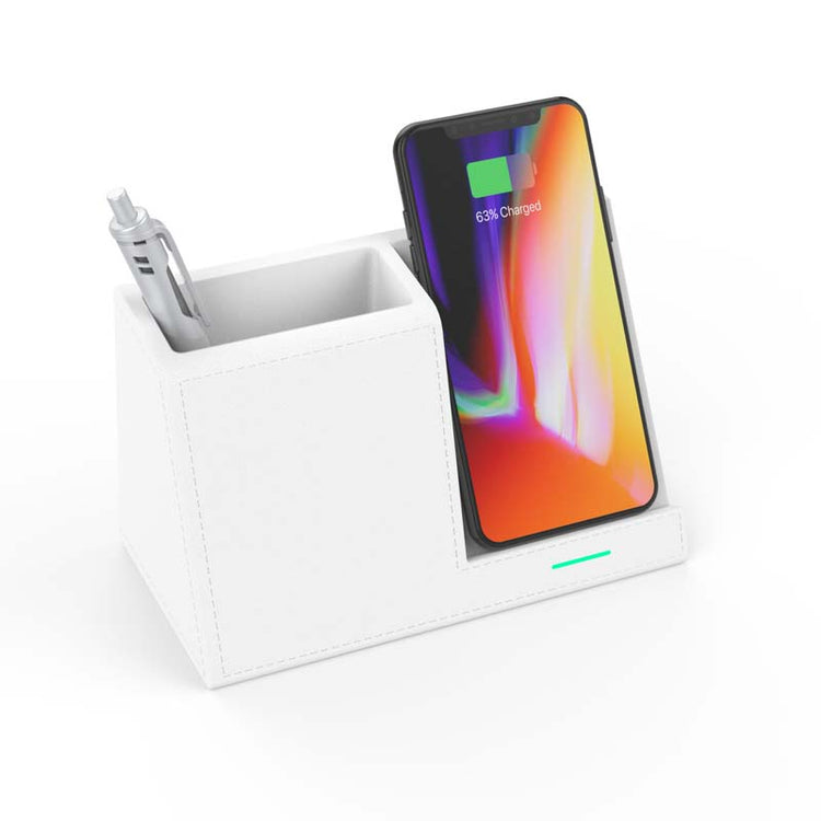 leather pen holder wireless charger with phone and pen in white design, showcasing 3 in 1 functionality