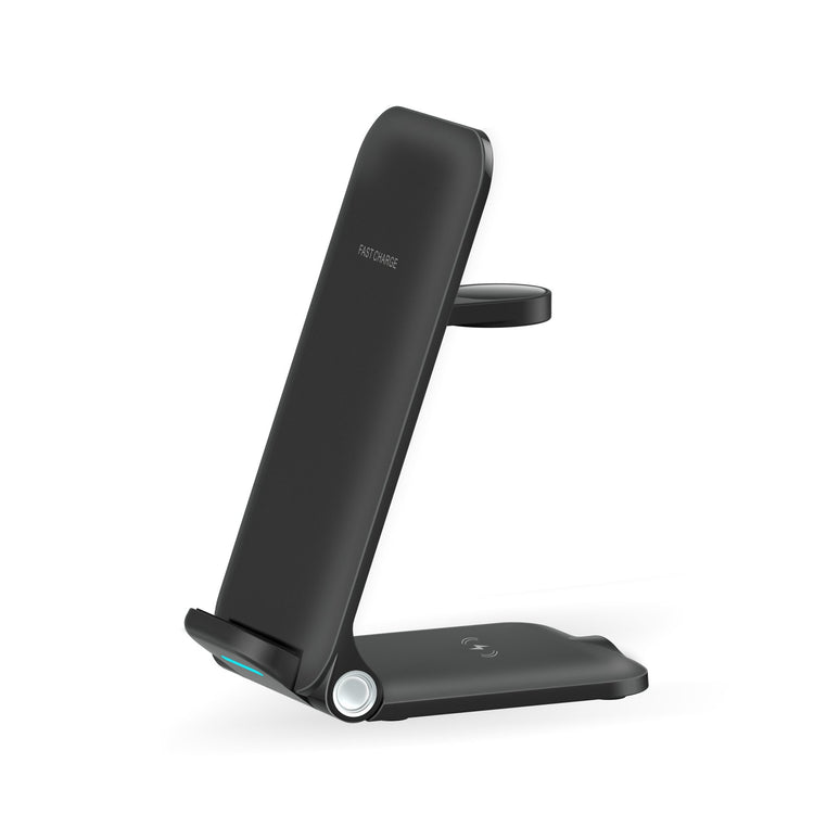Folding wireless phone charger stand in black with a sleek design, ideal for charging phones and accessories.