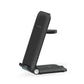 Folding wireless phone charger stand in black with a sleek design, ideal for charging phones and accessories.