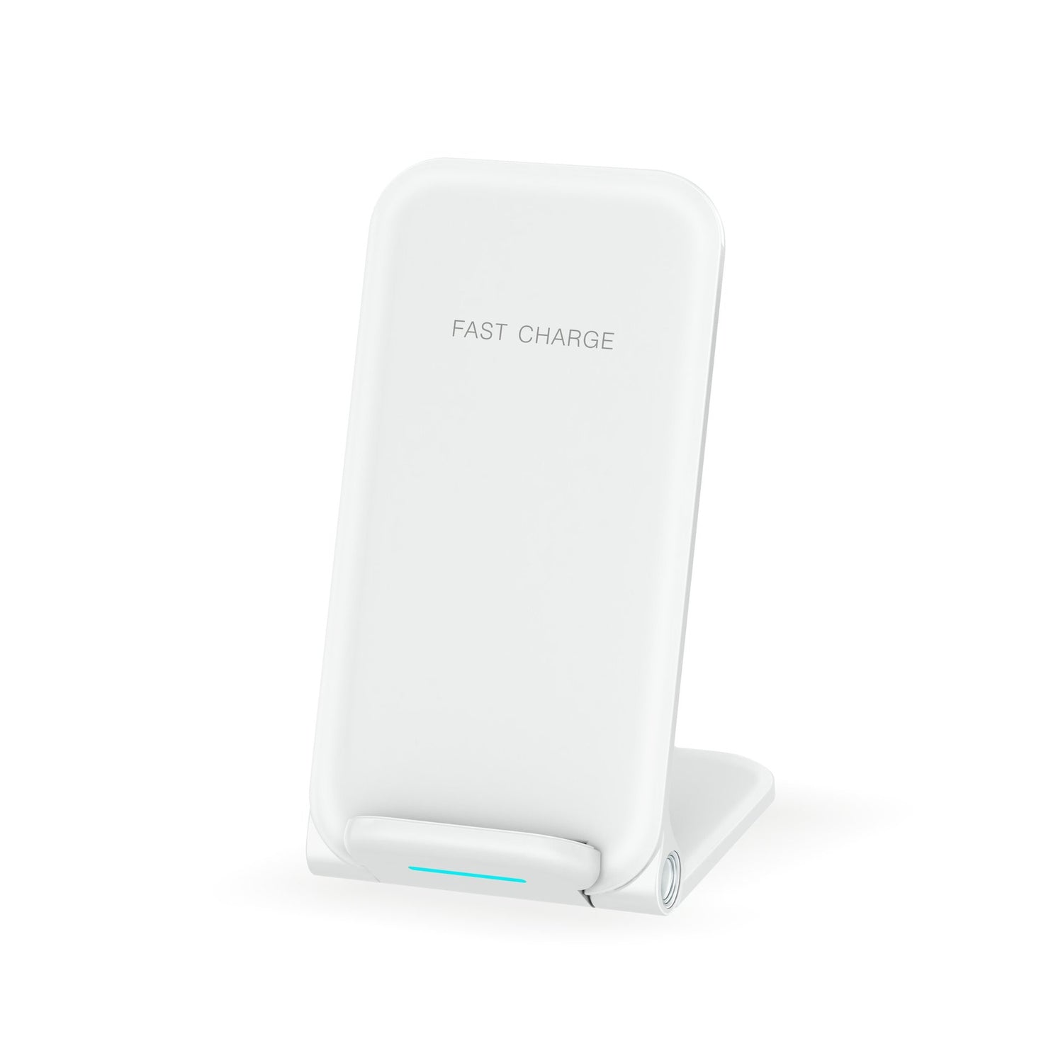 Folding wireless phone charger stand in white, featuring fast charge capability and sleek design.