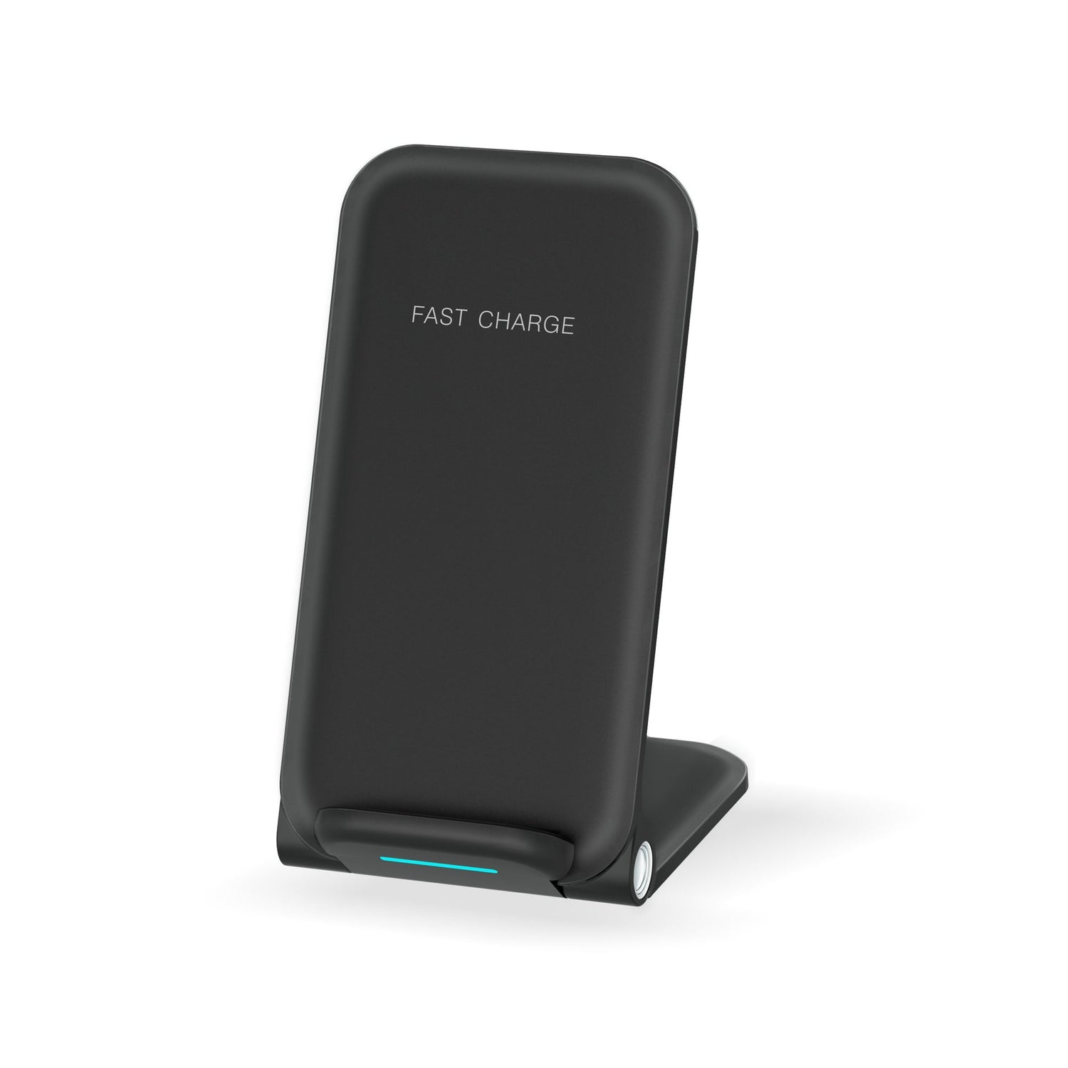 Folding wireless phone charger stand with fast charge feature in black color.