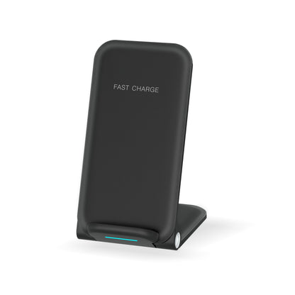 Folding wireless phone charger stand with fast charge feature in black color.
