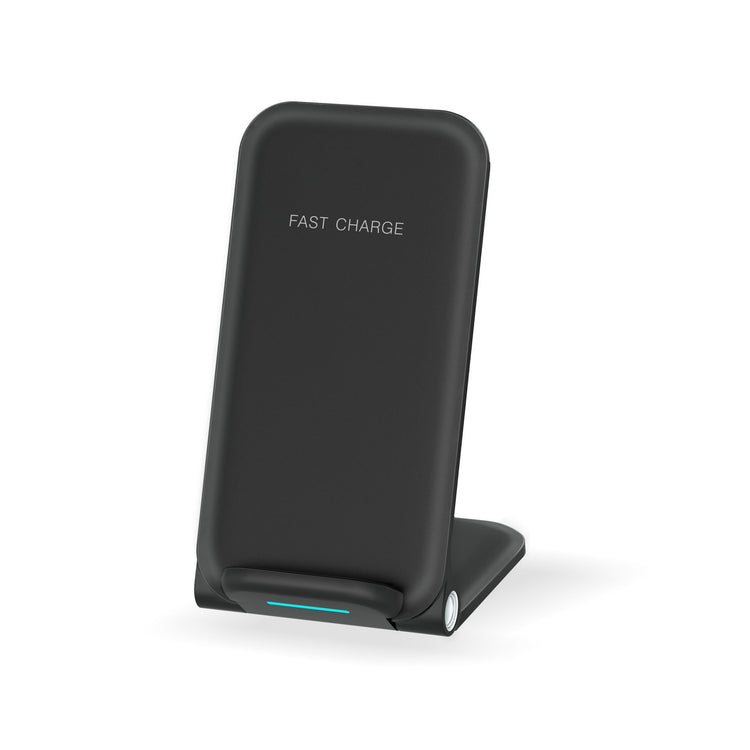 Folding wireless phone charger stand with fast charge feature in black color.
