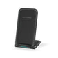 Folding wireless phone charger stand with fast charge feature in black color.