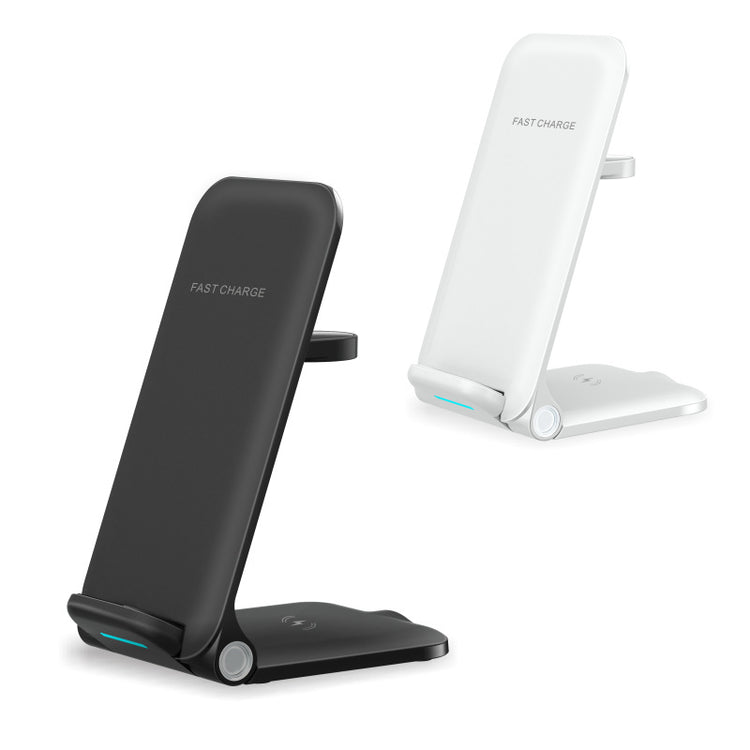 folding wireless phone charger stand in black and white, featuring fast charge capability and modern design
