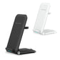 folding wireless phone charger stand in black and white, featuring fast charge capability and modern design