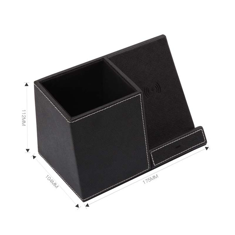 Leather pen holder wireless charger with measuring dimensions 112mm height, 100mm width, and 175mm length.