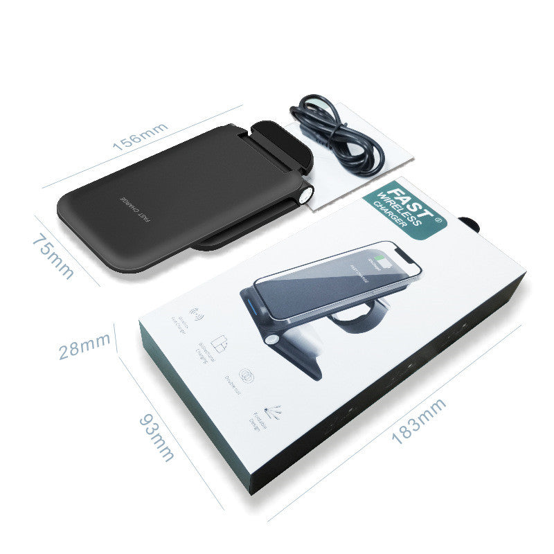 Folding wireless phone charger stand with packaging dimensions and included USB-C cable.