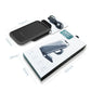 Folding wireless phone charger stand with packaging dimensions and included USB-C cable.